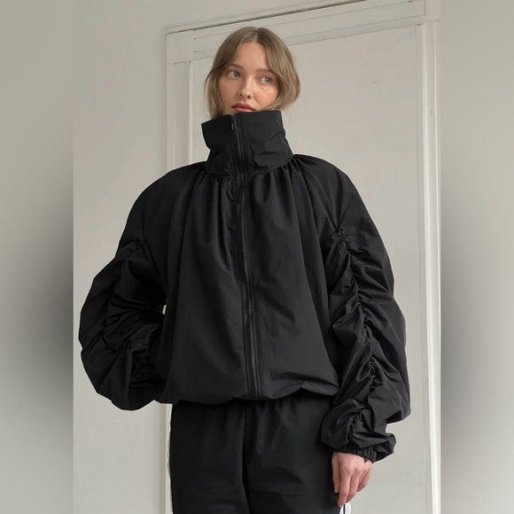 A Bronze Age Jackets & Blazers - Black Ruched-Sleeve Bomber Jacket